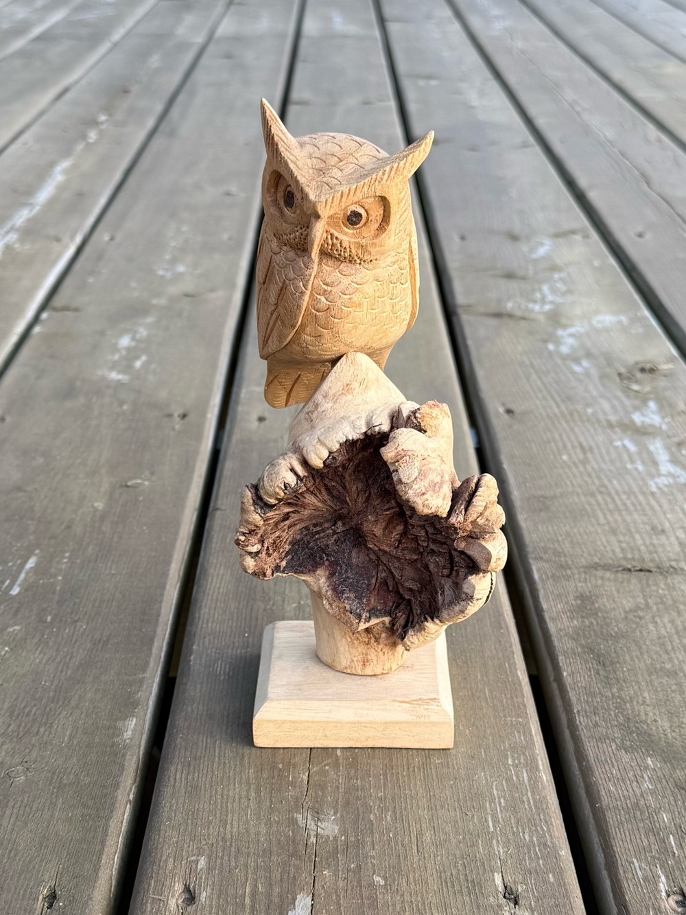 Carved Wooden Owl and Burl Base Figurine